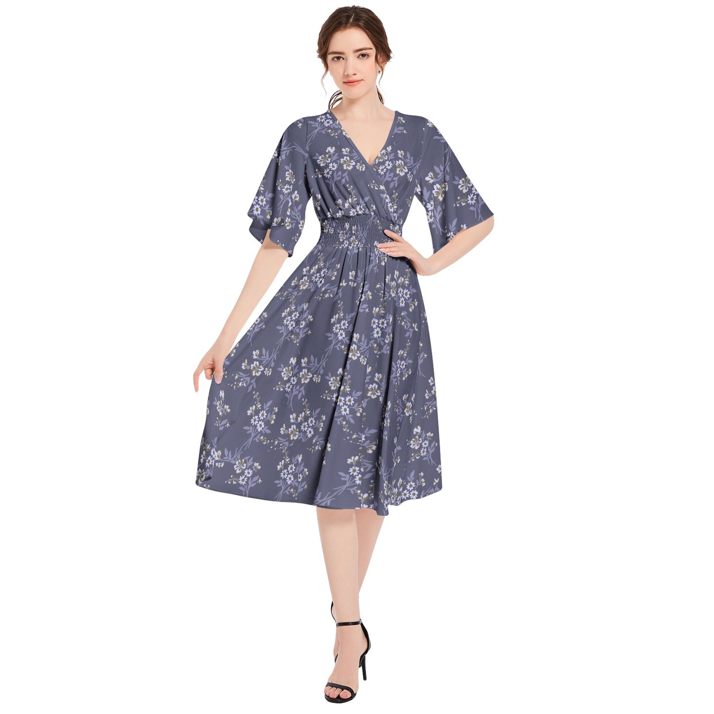 Butterfly Sleeve Shirred High Waist A Line Midi Dress