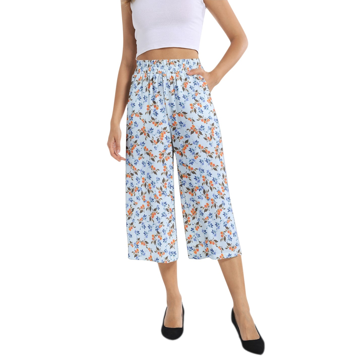 Elastic Waist Capris Wide Leg Pant