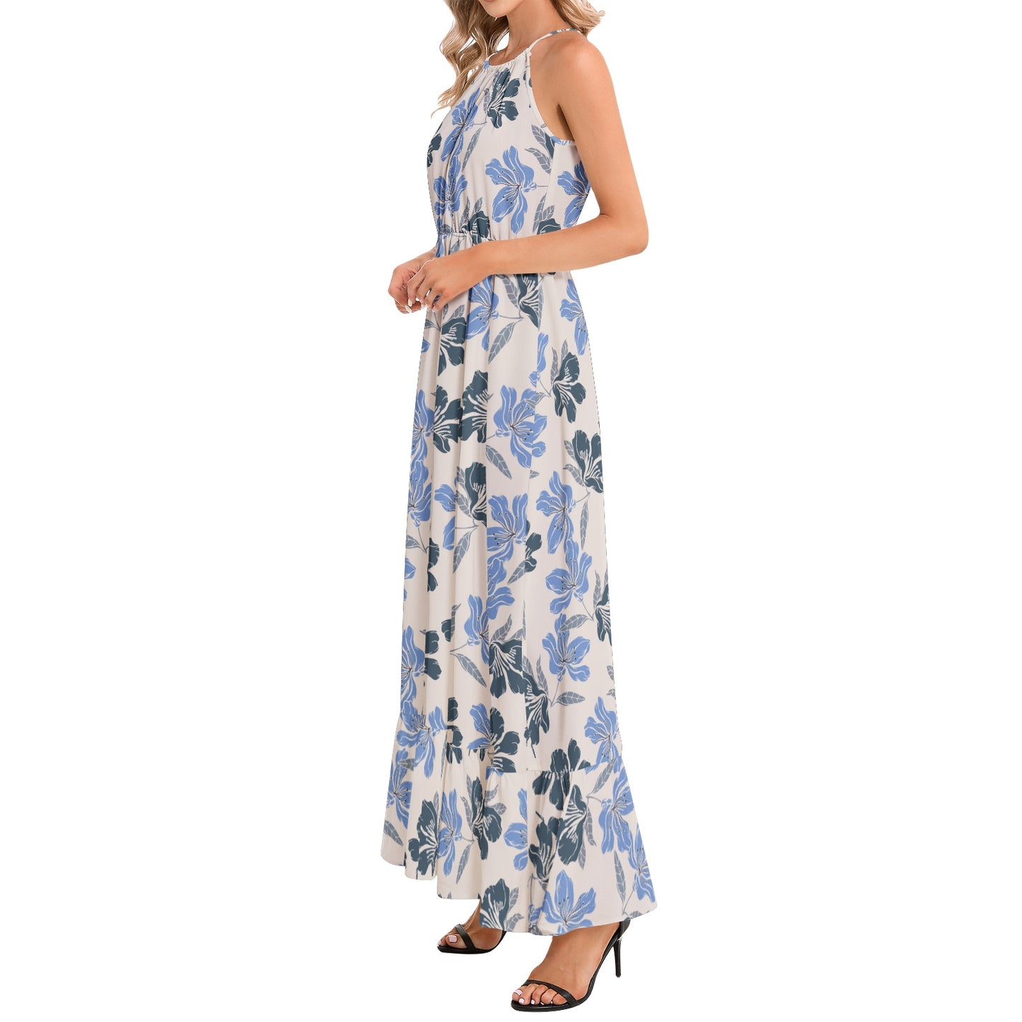 Ruffle Hem Halter Neck Maxi Dress