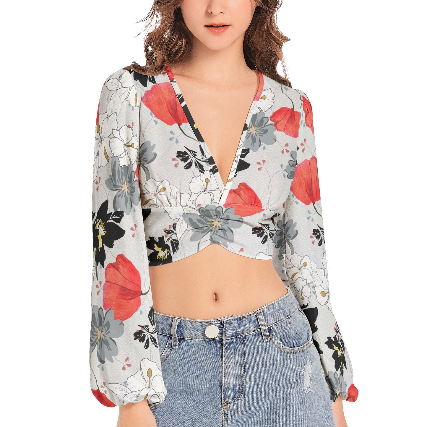 Women's Deep V-Neck Lantern Sleeve Crop Top