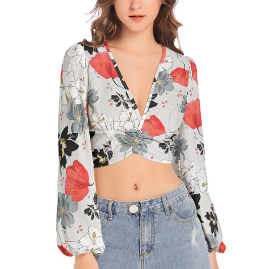 Women's Deep V-Neck Lantern Sleeve Crop Top