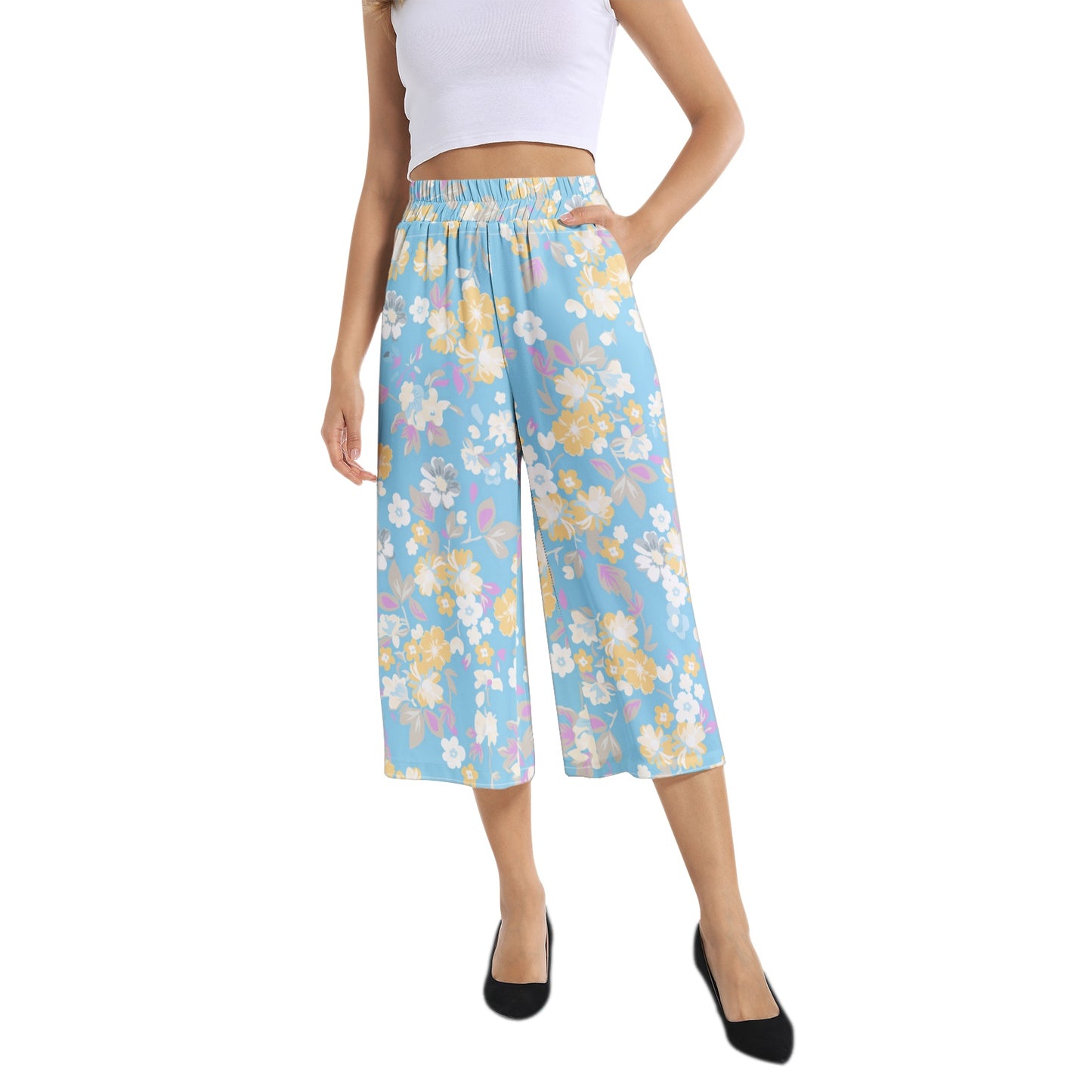 Elastic Waist Capris Wide Leg Pant