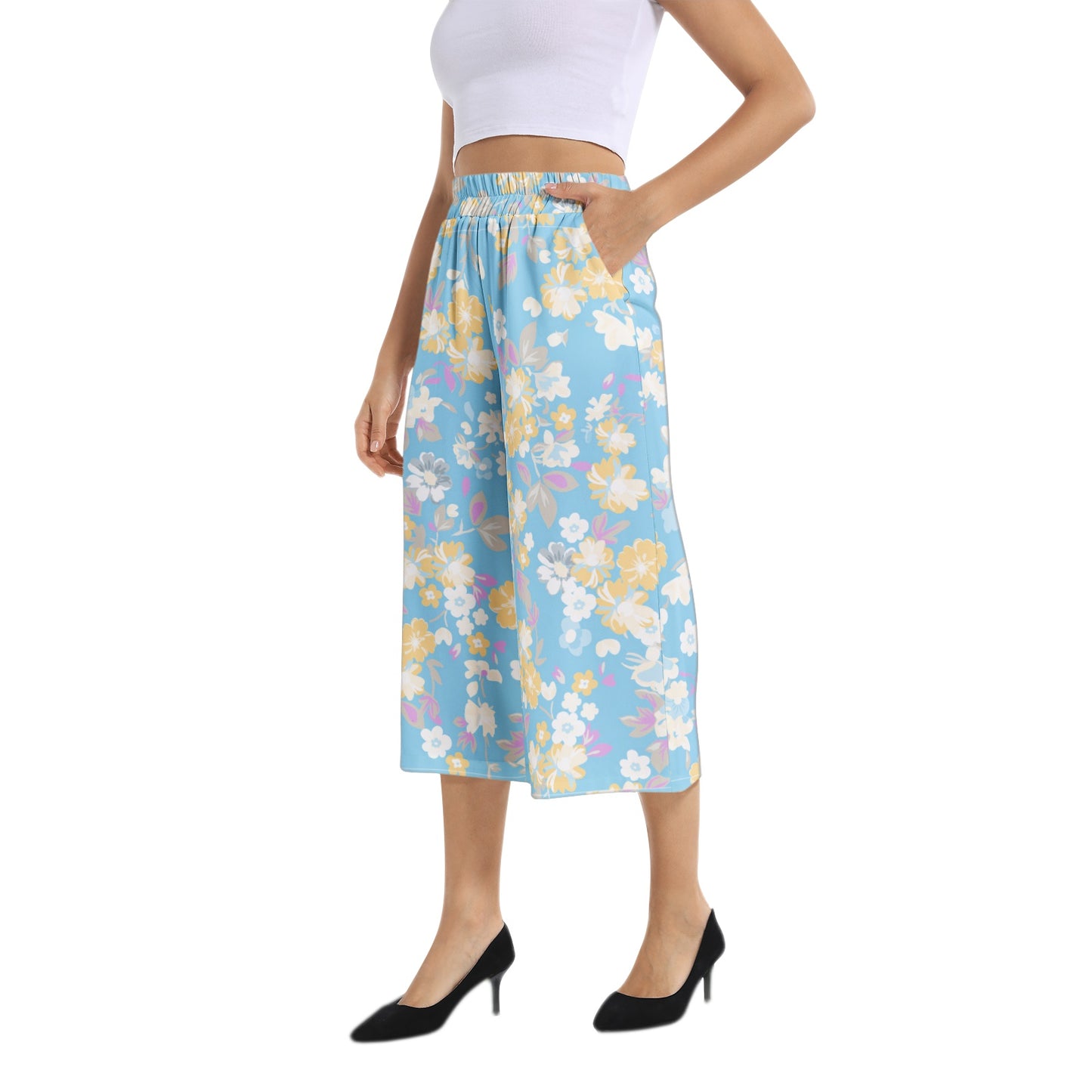 Elastic Waist Capris Wide Leg Pant