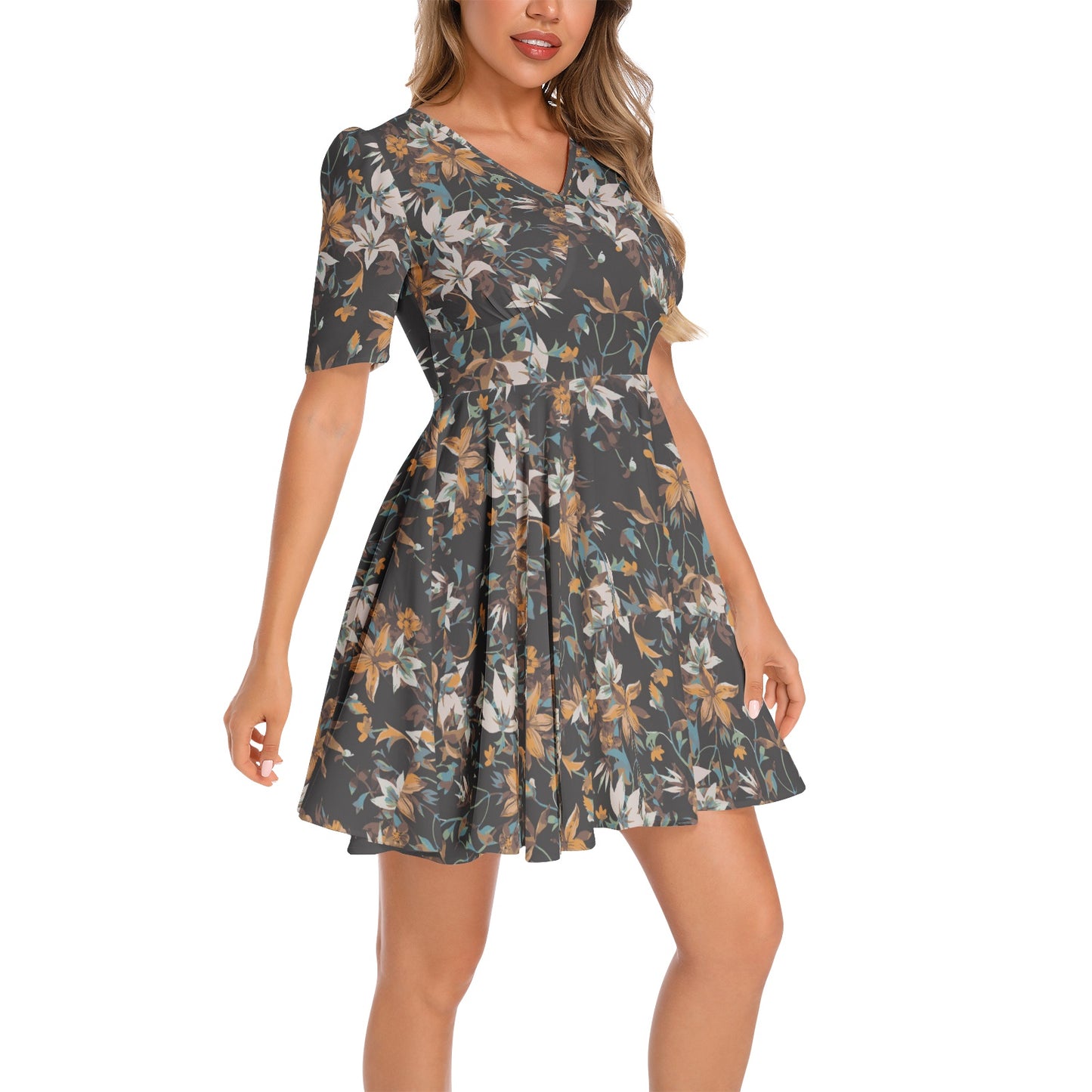 Short Sleeve Ruched Bust Flared Hem Dress