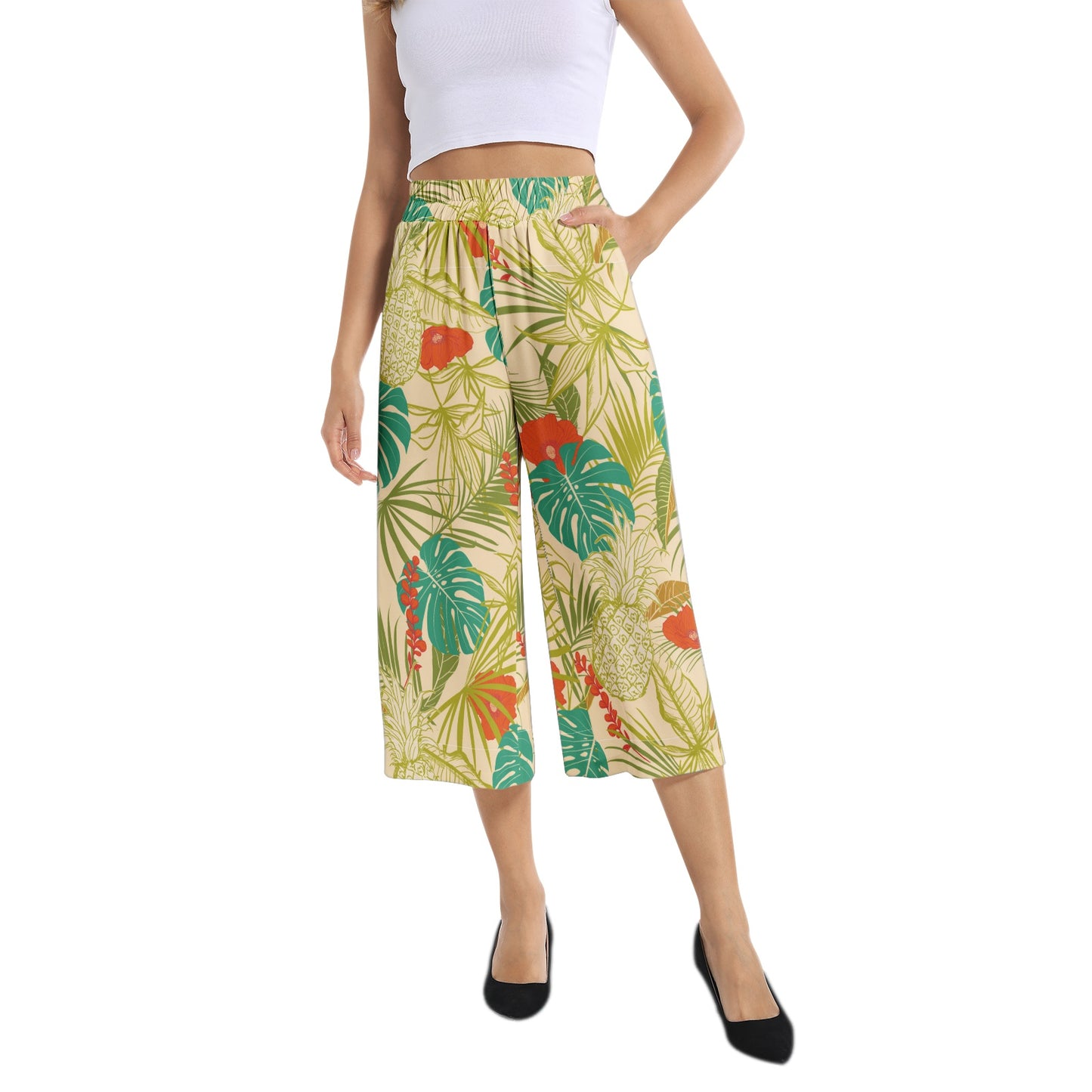 Elastic Waist Capris Wide Leg Pant