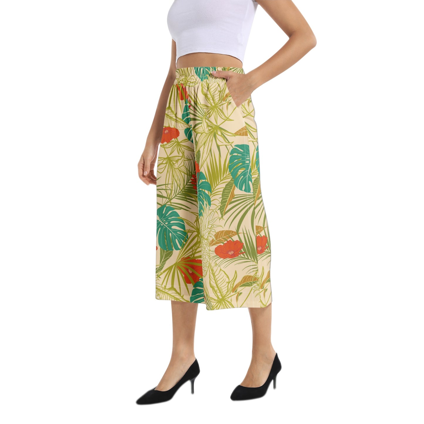 Elastic Waist Capris Wide Leg Pant