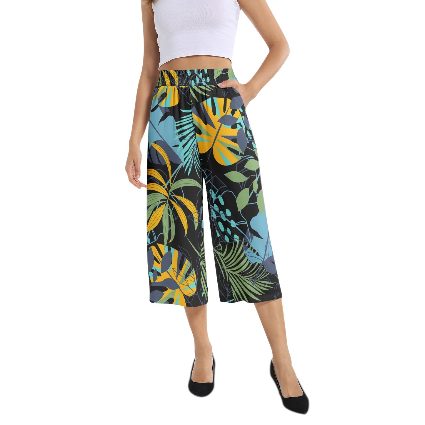 Elastic Waist Capris Wide Leg Pant