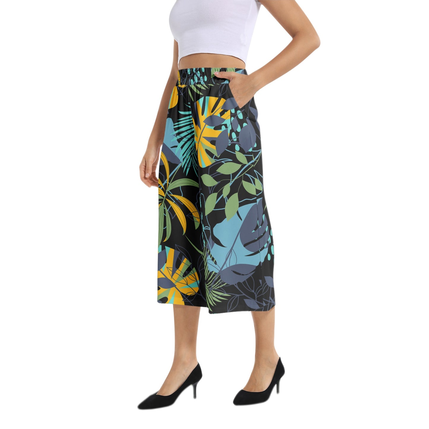 Elastic Waist Capris Wide Leg Pant