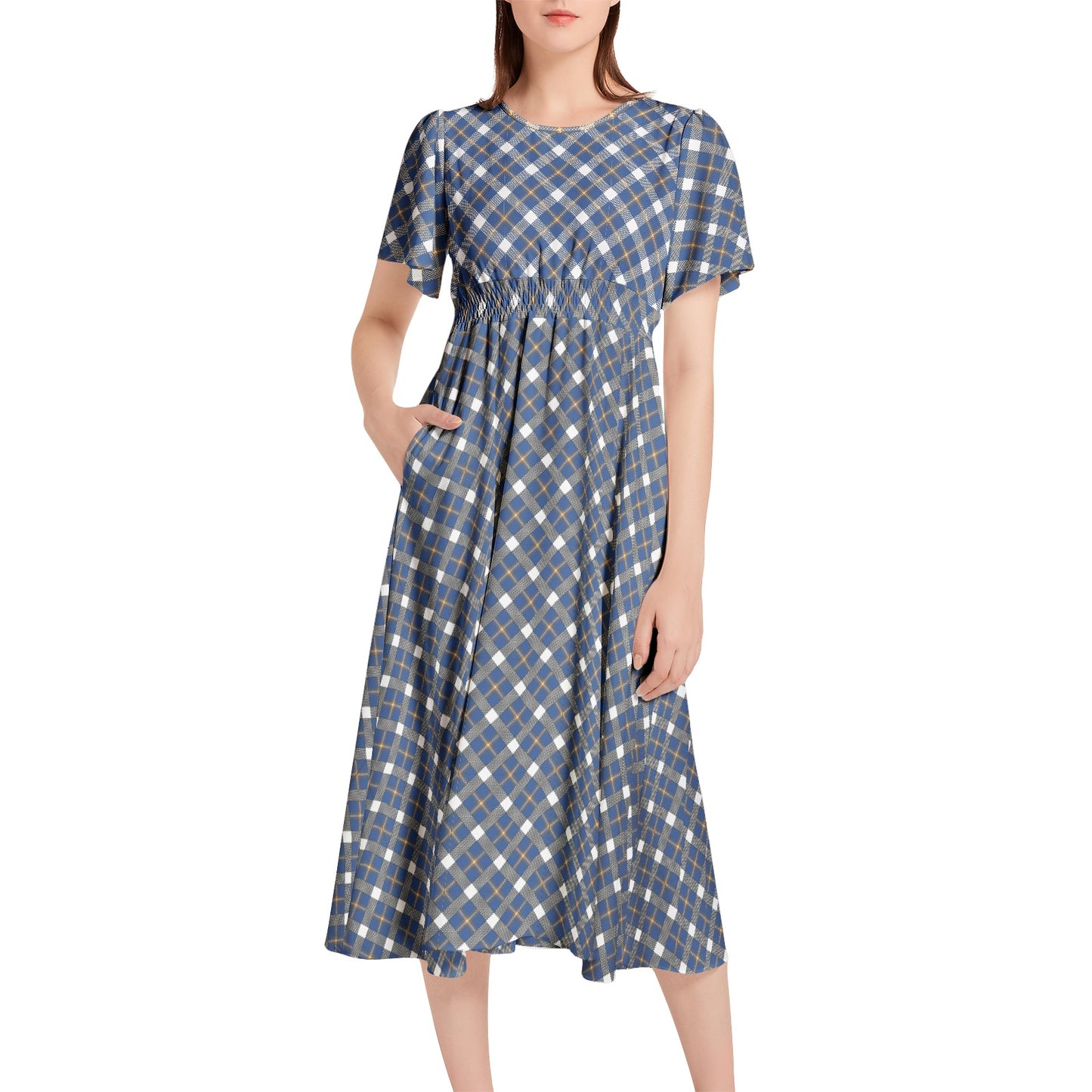 Short Sleeve Shirred Waist Midi Dress