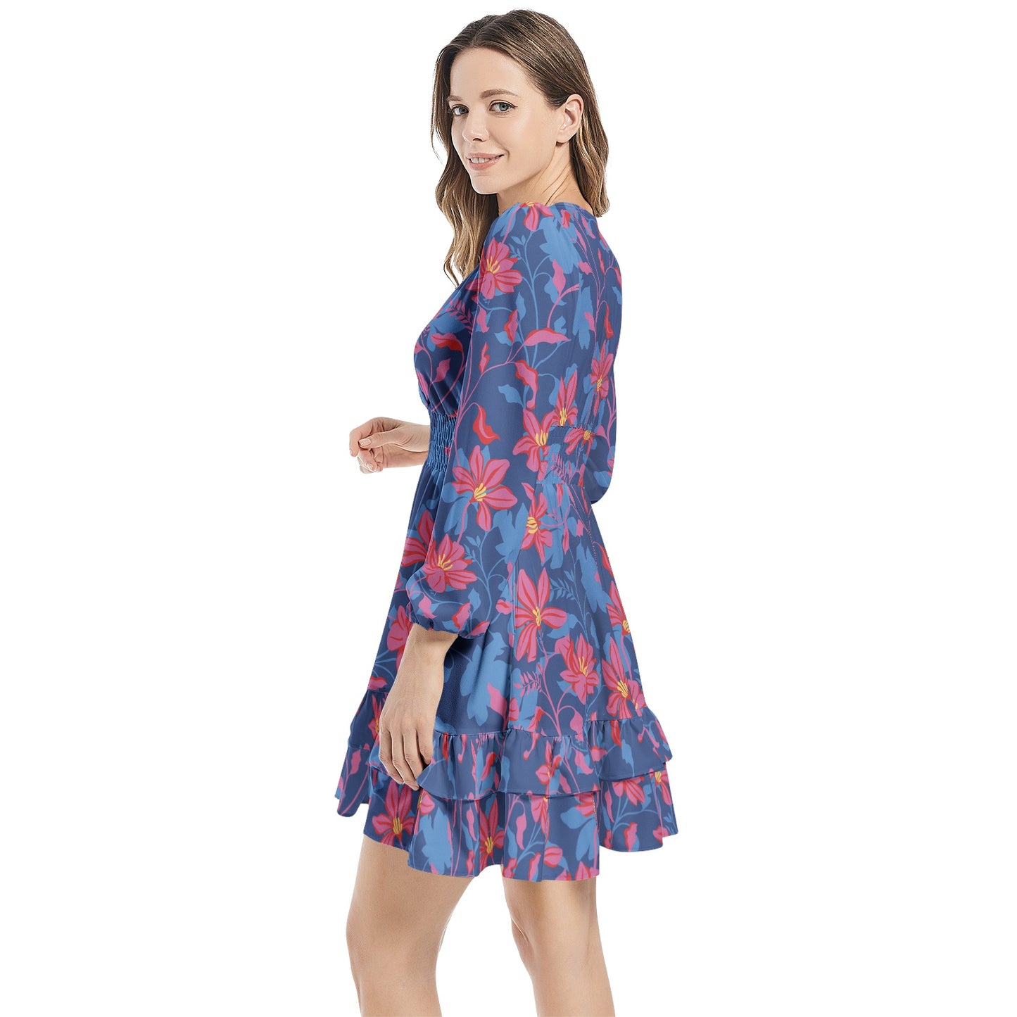 Long Sleeve Tiered Ruffle Hem Elastic Waist Mini Dress