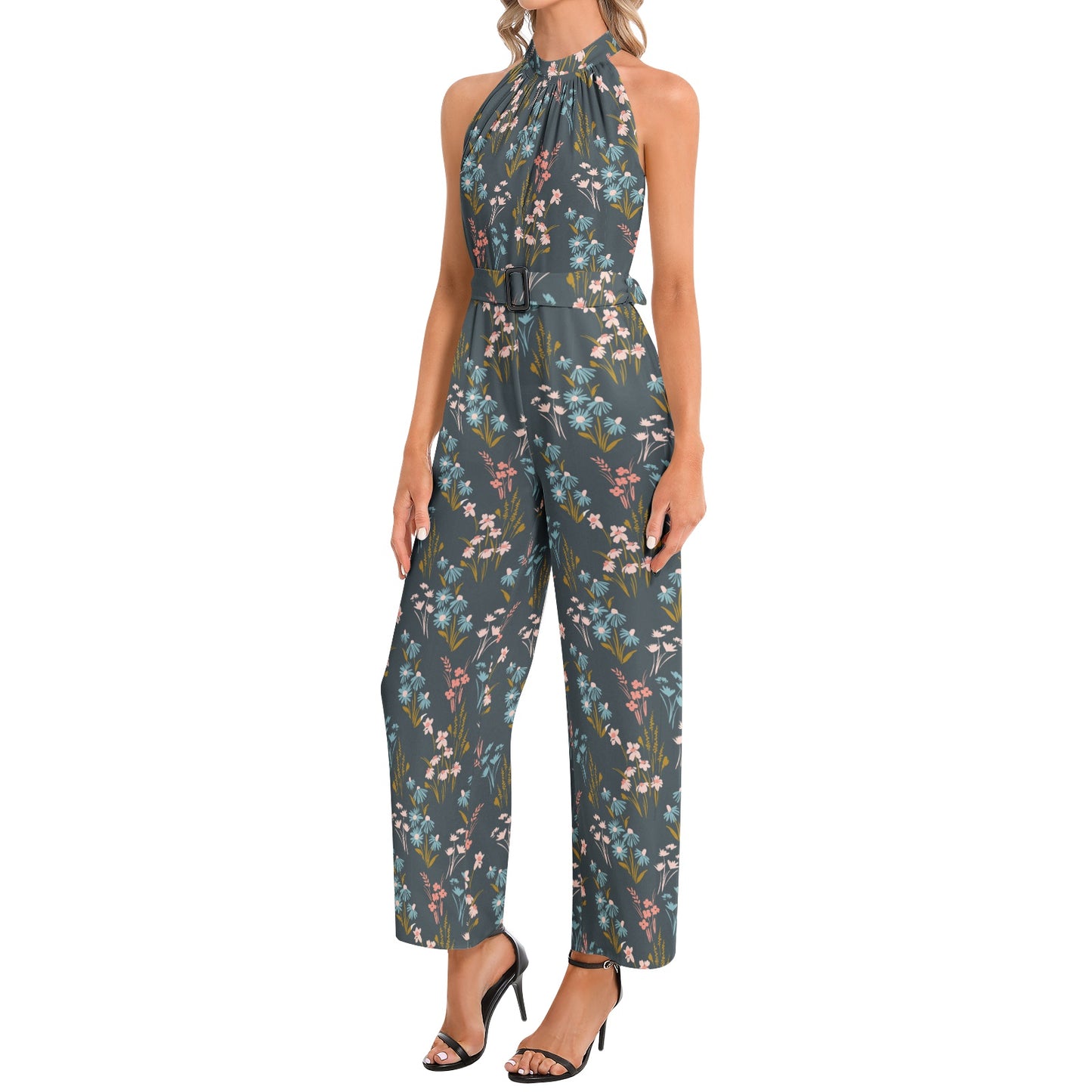 Halter Neck Buckle Belted Jumpsuit