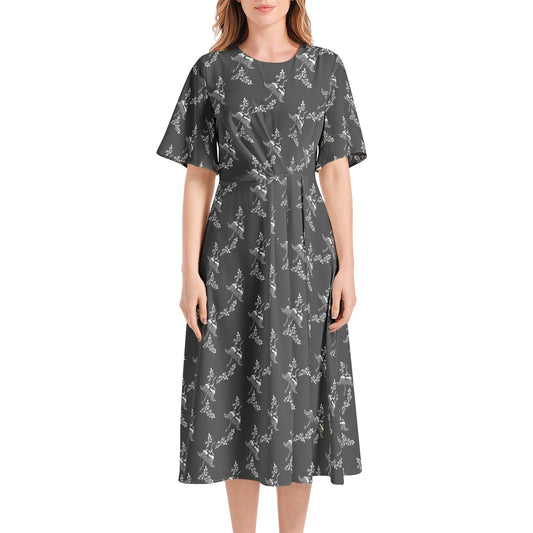 Short Sleeve Waist Folding Midi Dress