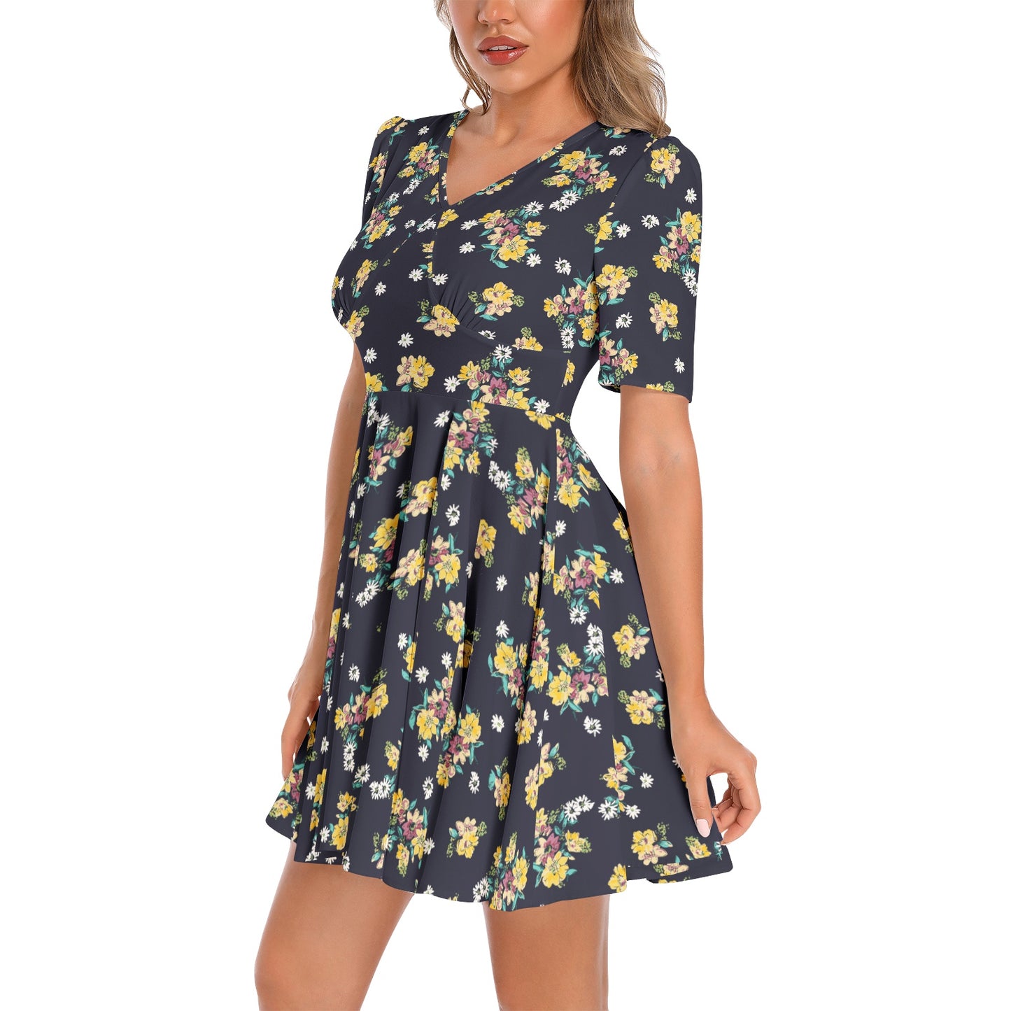 Short Sleeve Ruched Bust Flared Hem Dress