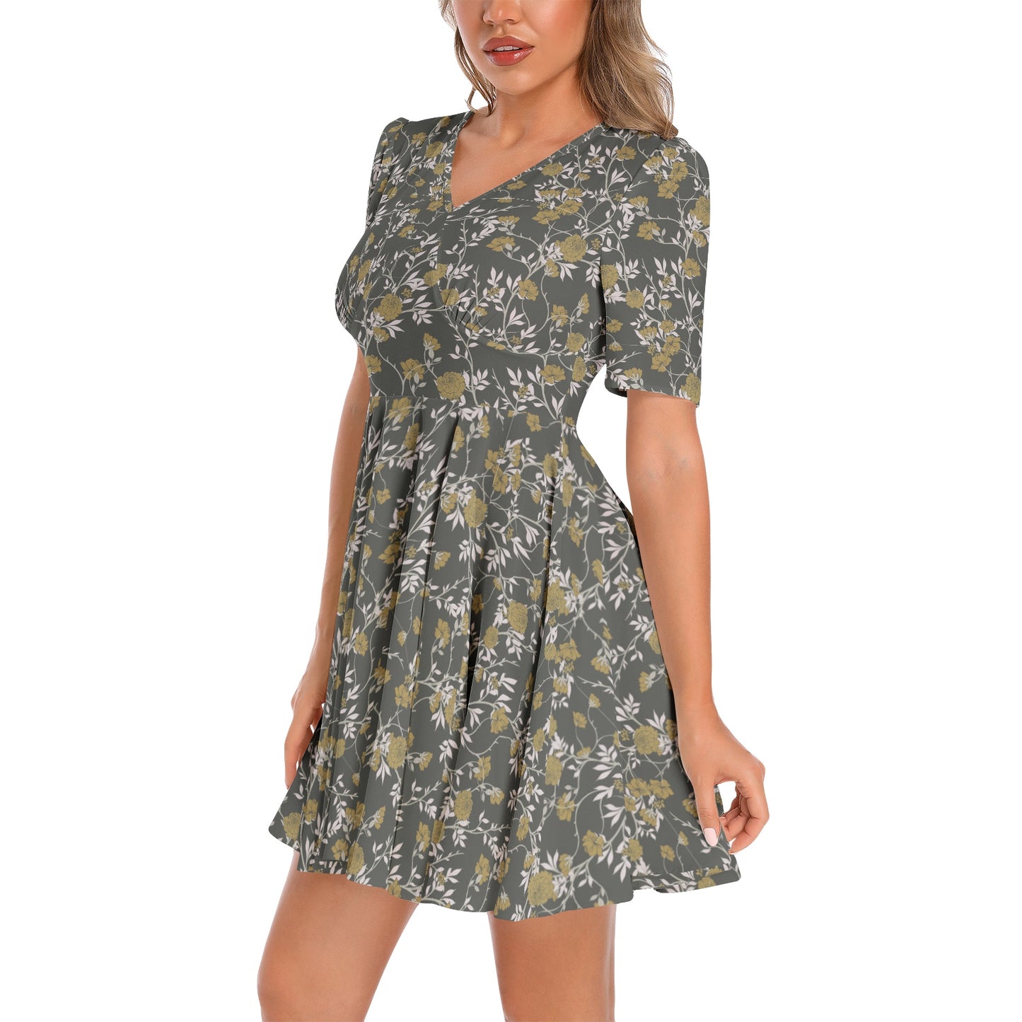 Short Sleeve Ruched Bust Flared Hem Dress