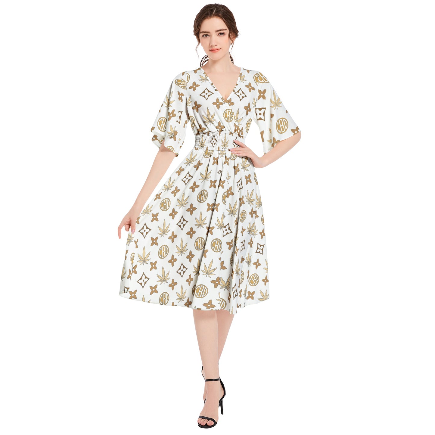 Butterfly Sleeve Shirred High Waist A Line Midi Dress