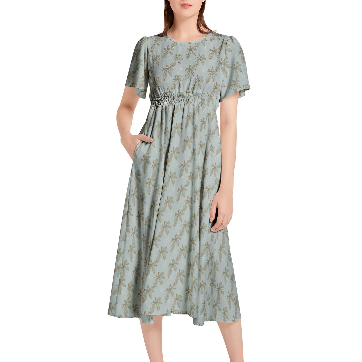 Short Sleeve Shirred Waist Midi Dress