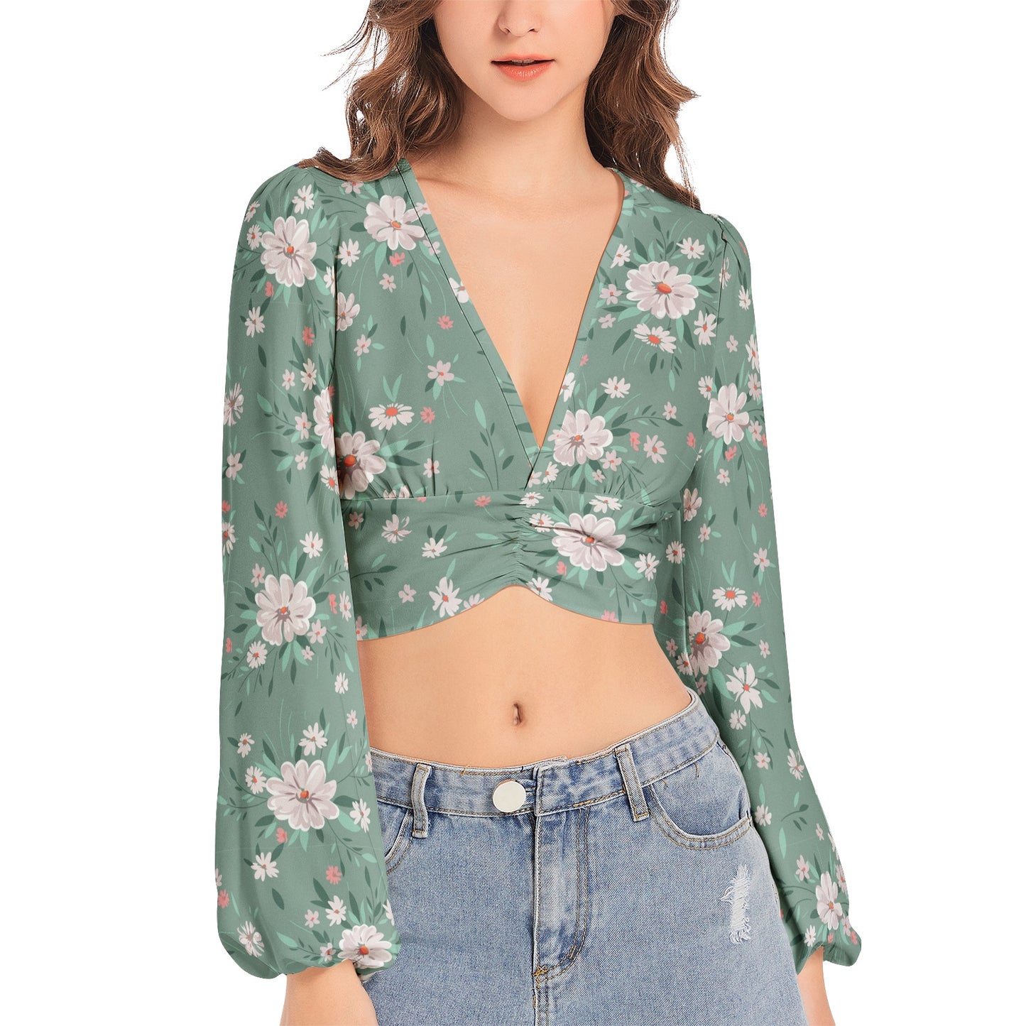 Women's Deep V-Neck Lantern Sleeve Crop Top