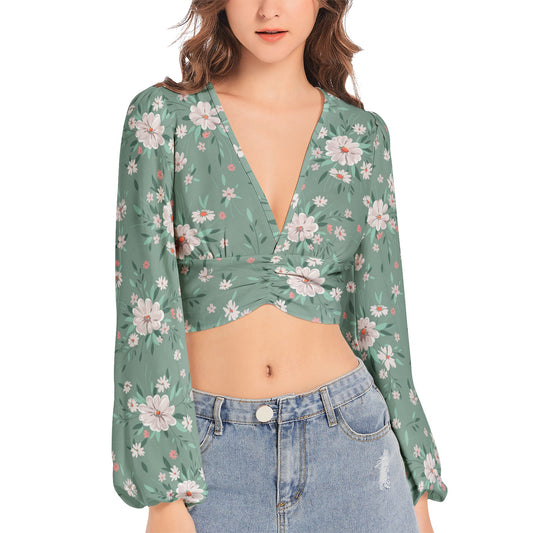 Women's Deep V-Neck Lantern Sleeve Crop Top