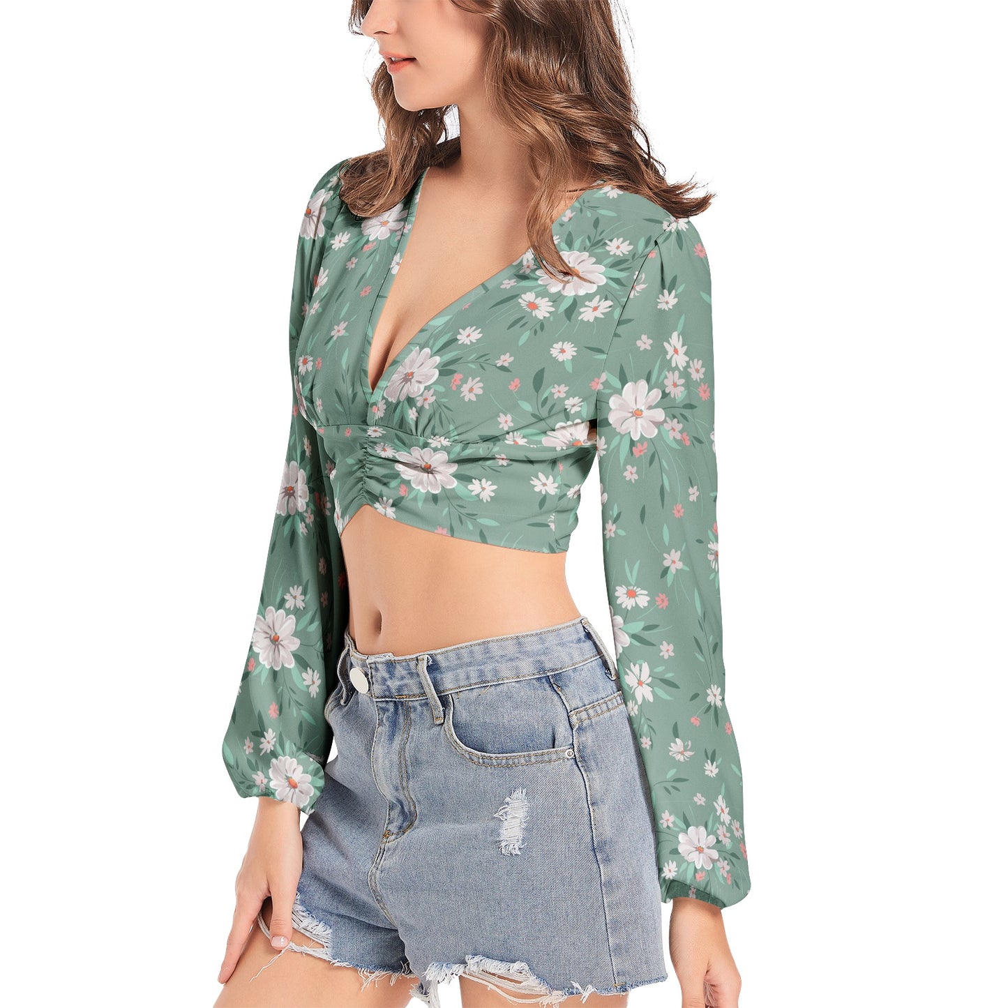 Women's Deep V-Neck Lantern Sleeve Crop Top