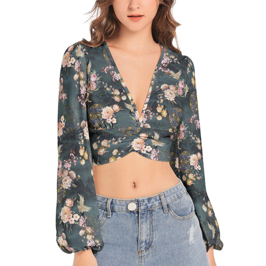 Women's Deep V-Neck Lantern Sleeve Crop Top