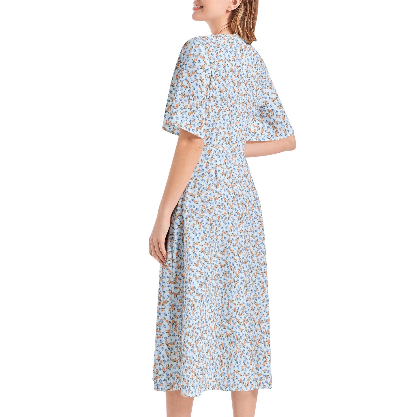 Short Sleeve Waist Folding Midi Dress