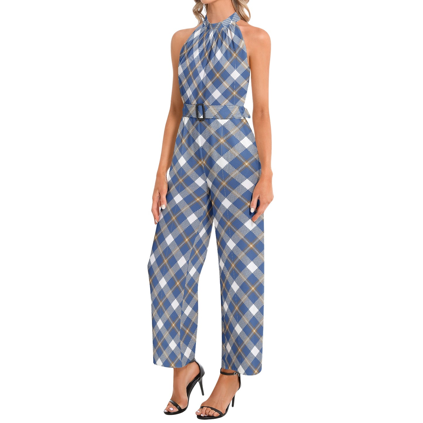 Halter Neck Buckle Belted Jumpsuit