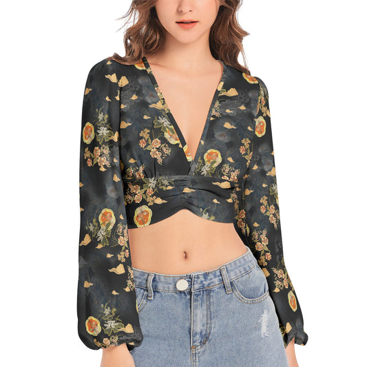 Women's Deep V-Neck Lantern Sleeve Crop Top