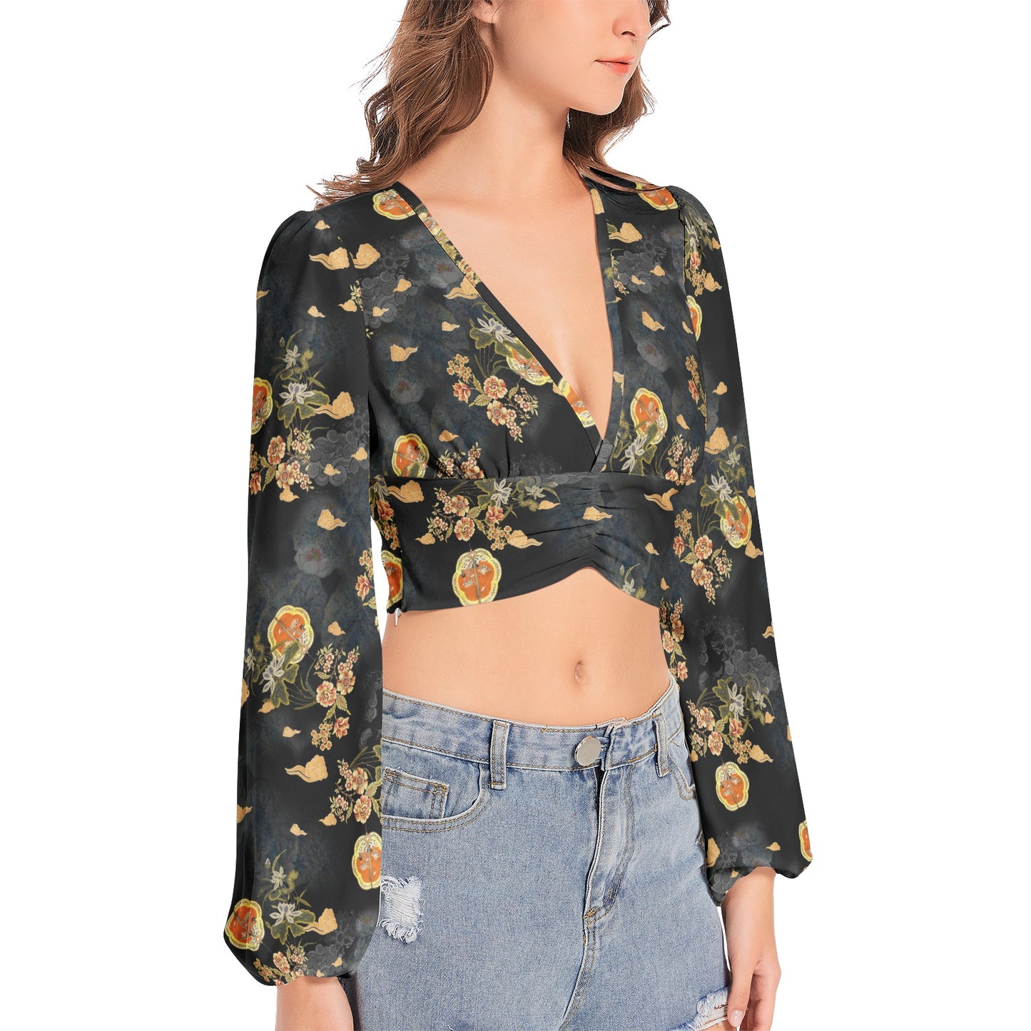 Women's Deep V-Neck Lantern Sleeve Crop Top