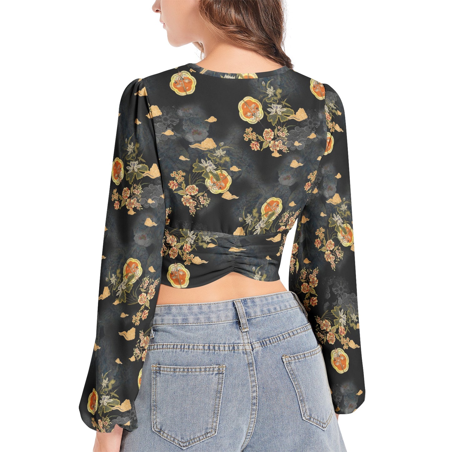 Women's Deep V-Neck Lantern Sleeve Crop Top