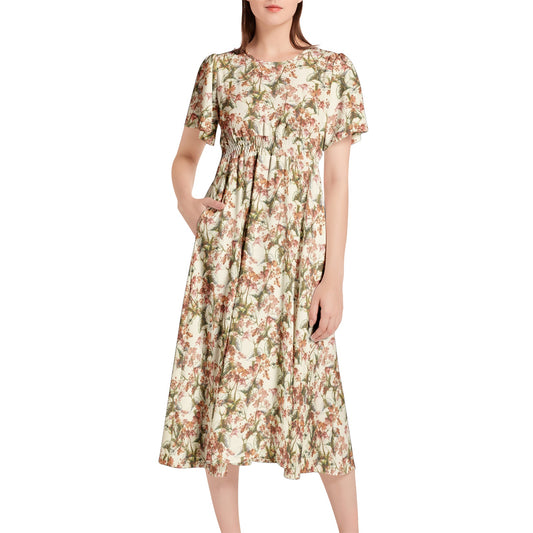 Short Sleeve Shirred Waist Midi Dress