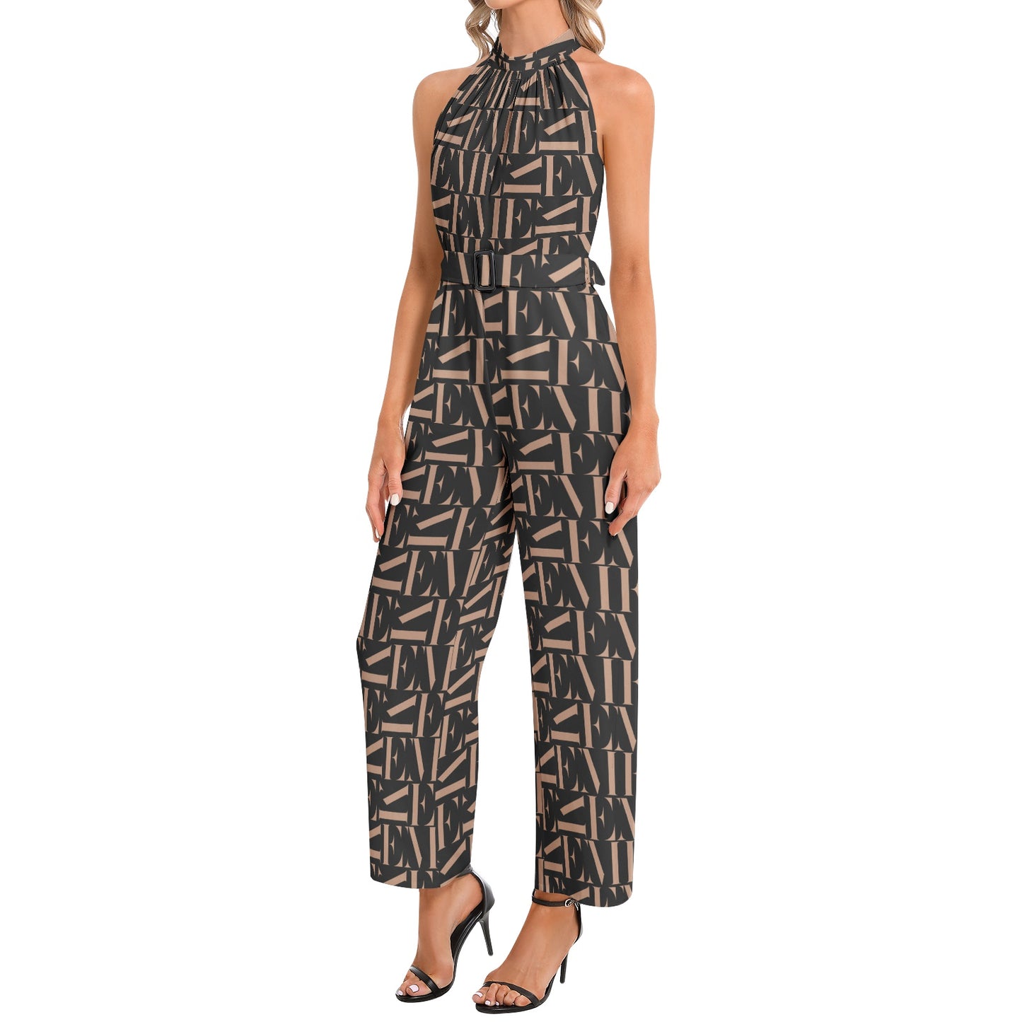 Halter Neck Buckle Belted Jumpsuit