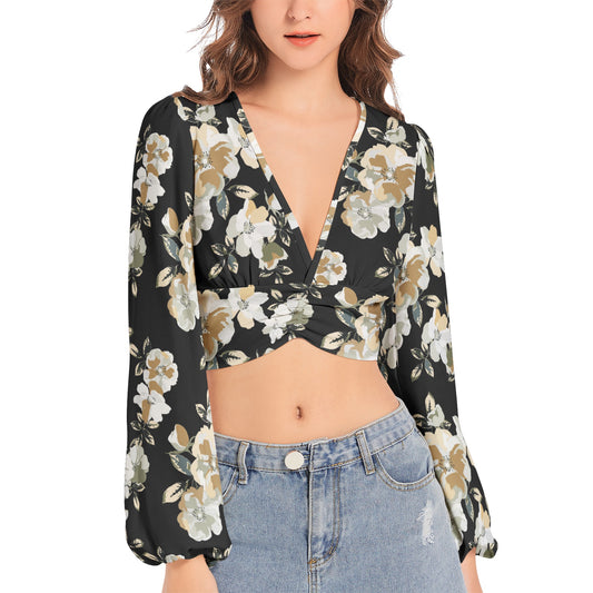 Women's Deep V-Neck Lantern Sleeve Crop Top