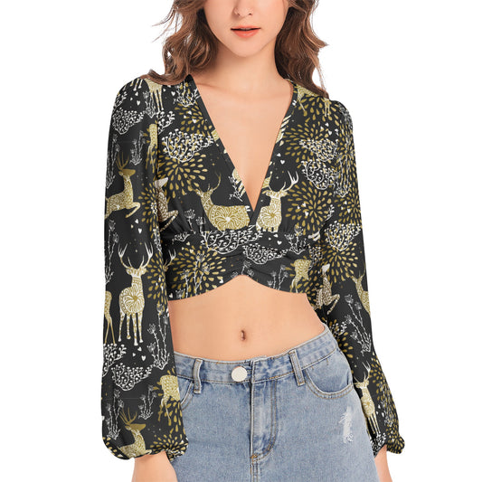 Women's Deep V-Neck Lantern Sleeve Crop Top