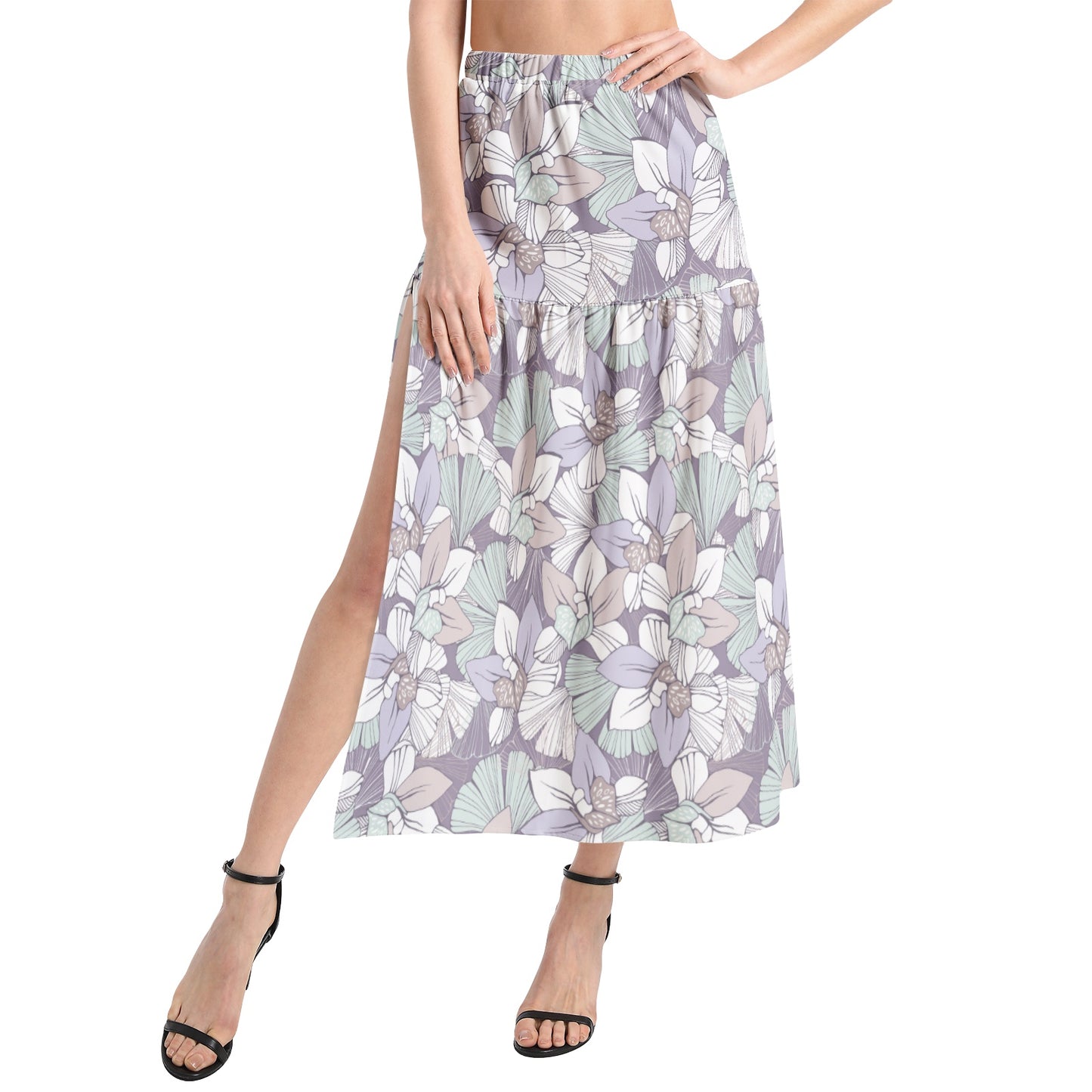 Elastic Waist Ruffle Slit Hem Skirt