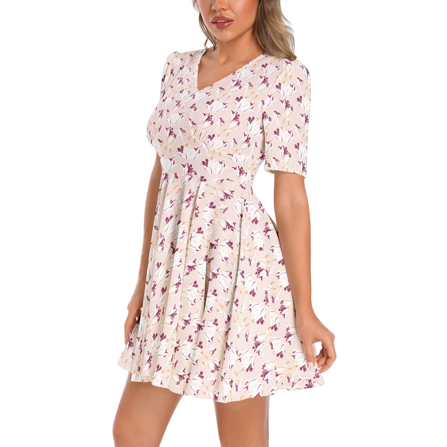 Short Sleeve Ruched Bust Flared Hem Dress