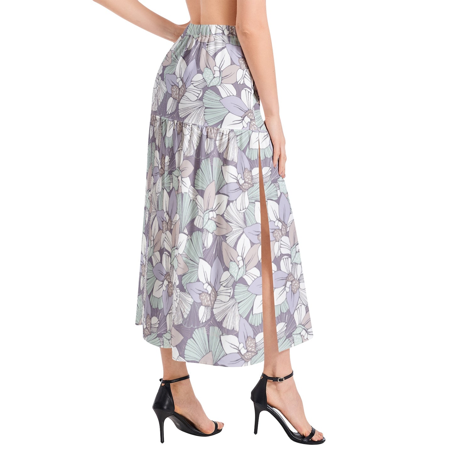 Elastic Waist Ruffle Slit Hem Skirt