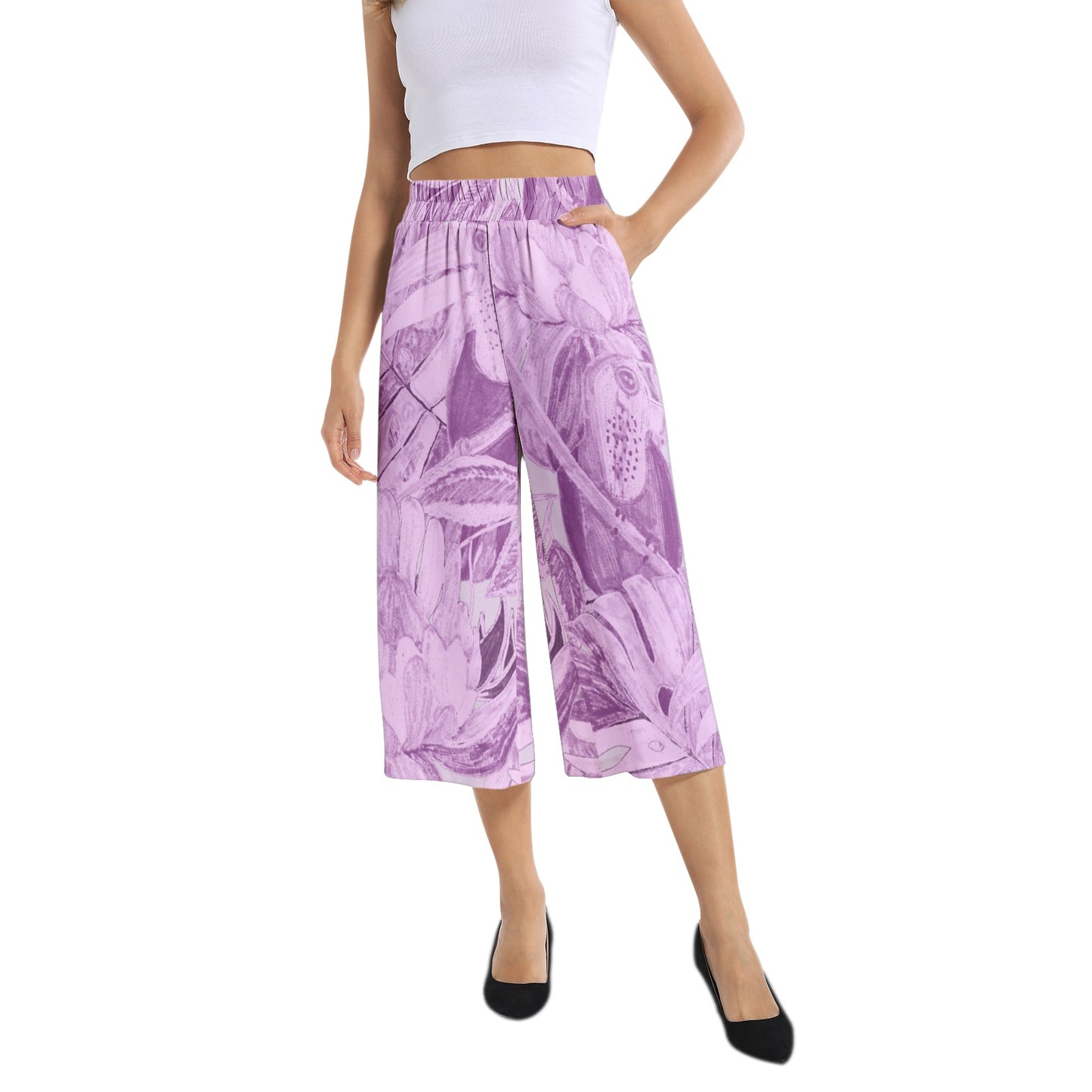 Elastic Waist Capris Wide Leg Pant