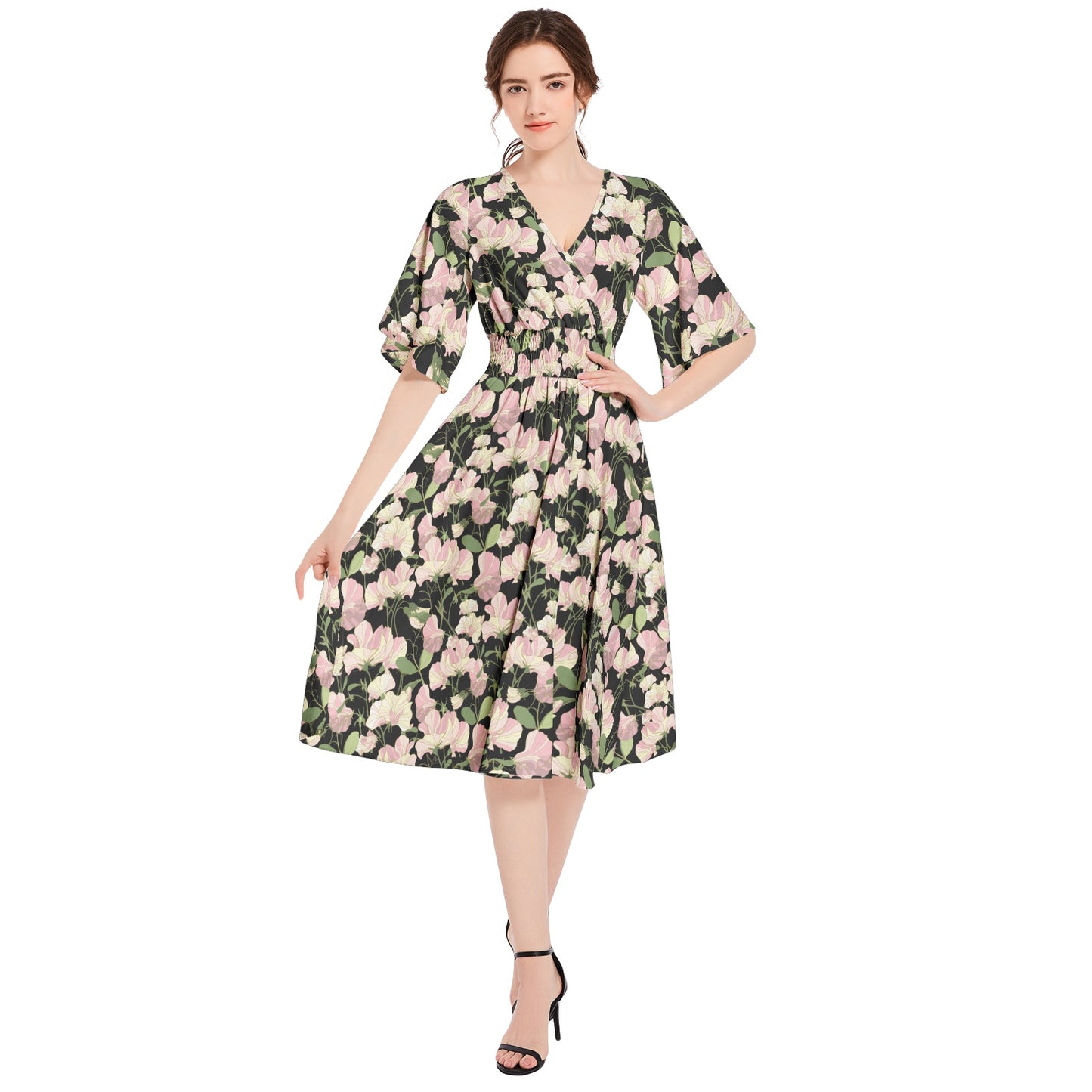 Butterfly Sleeve Shirred High Waist A Line Midi Dress