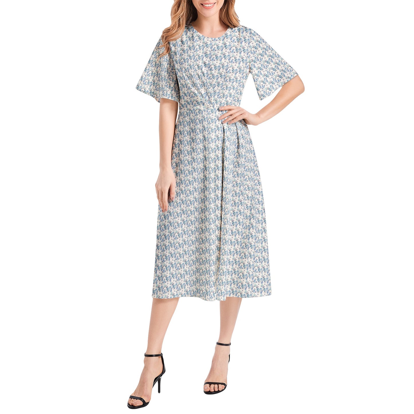 Short Sleeve Waist Folding Midi Dress