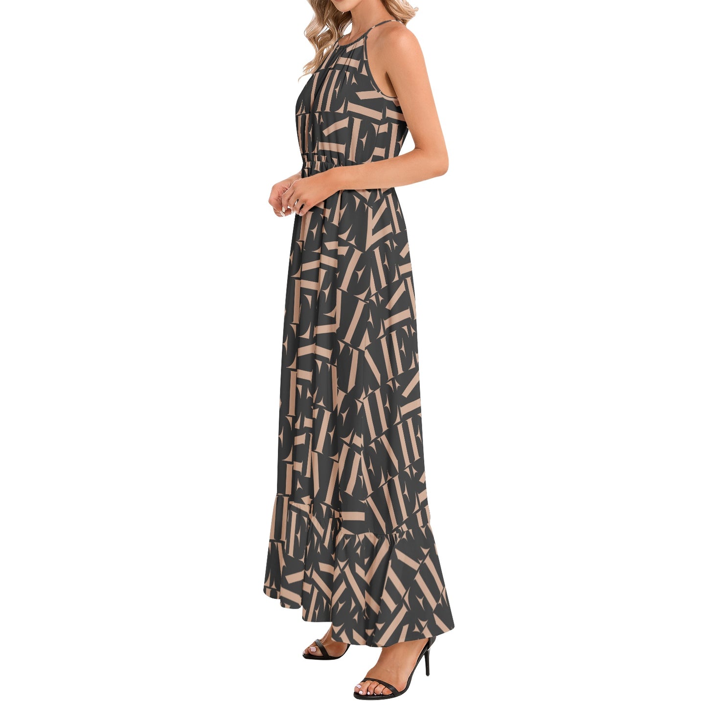 Ruffle Hem Halter Neck Maxi Dress