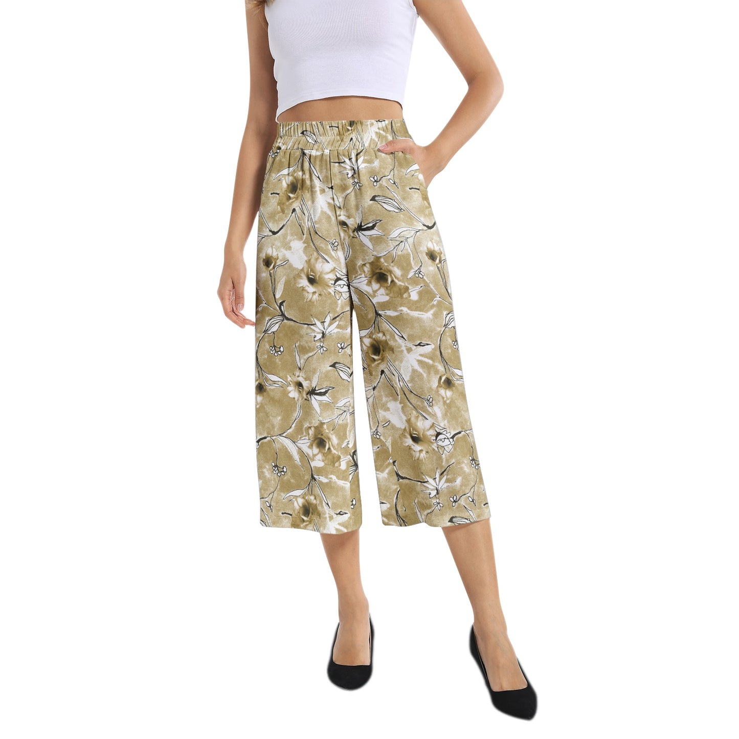 Elastic Waist Capris Wide Leg Pant