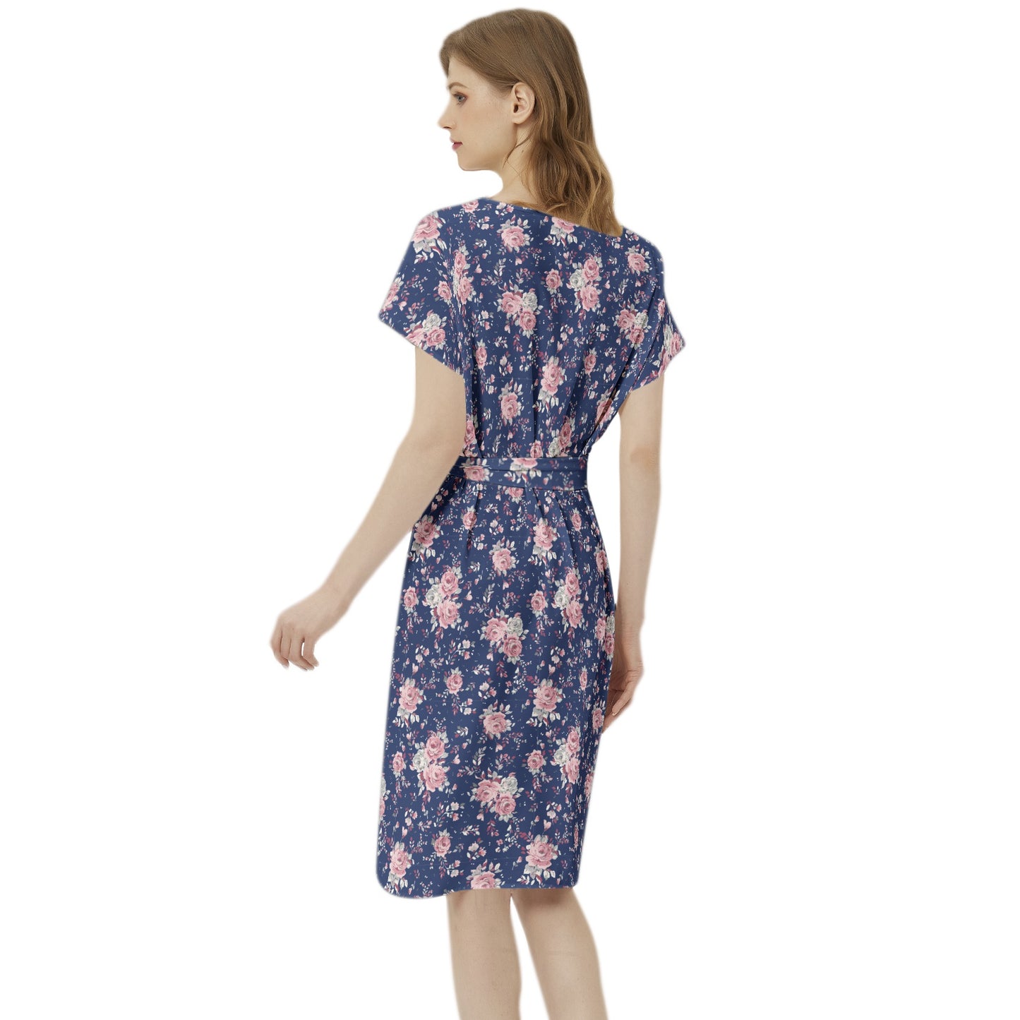 Betwing Seleeve Notch Neck Casual Dress with Belt