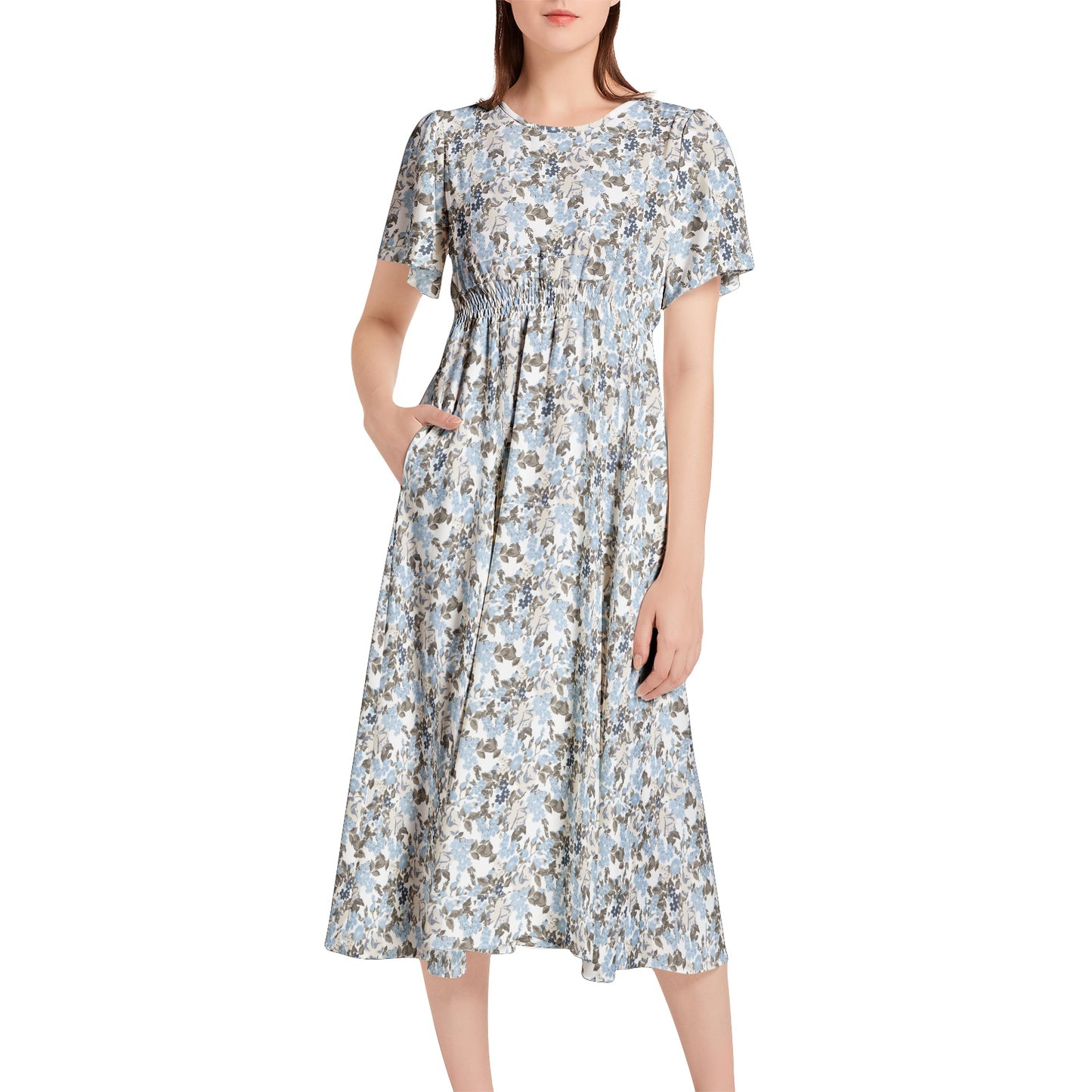 Short Sleeve Shirred Waist Midi Dress