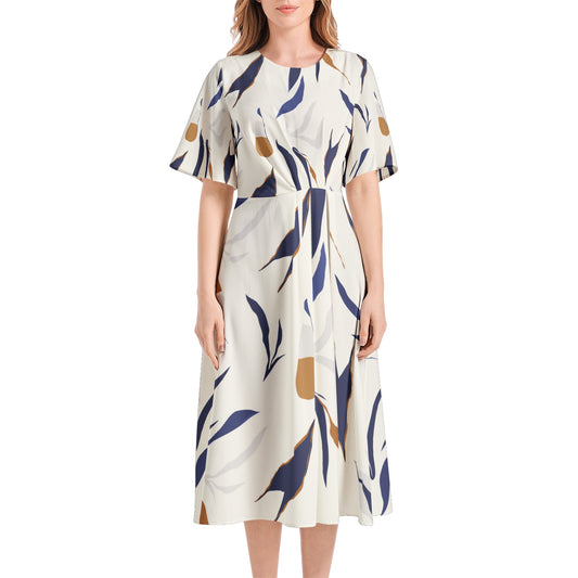 Short Sleeve Waist Folding Midi Dress