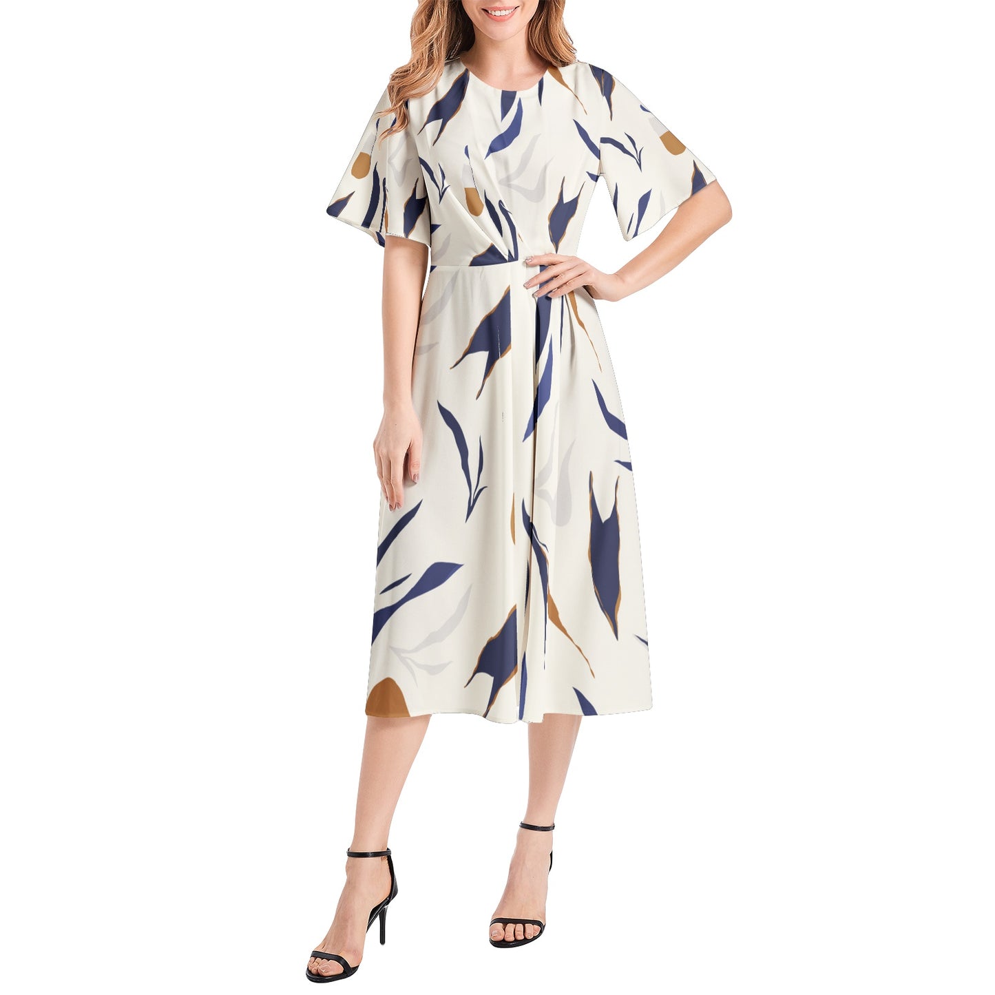 Short Sleeve Waist Folding Midi Dress