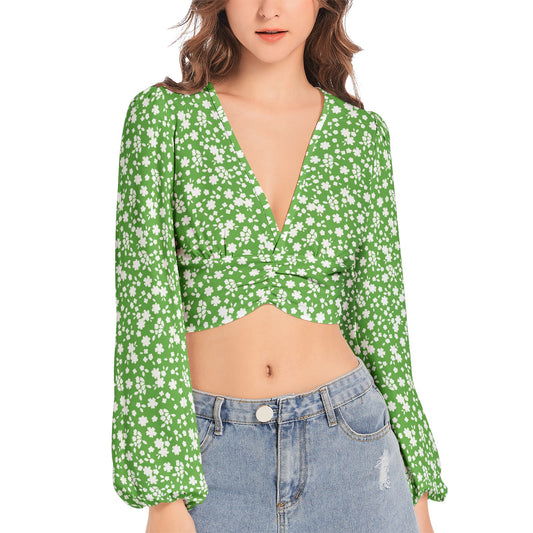 Women's Deep V-Neck Lantern Sleeve Crop Top