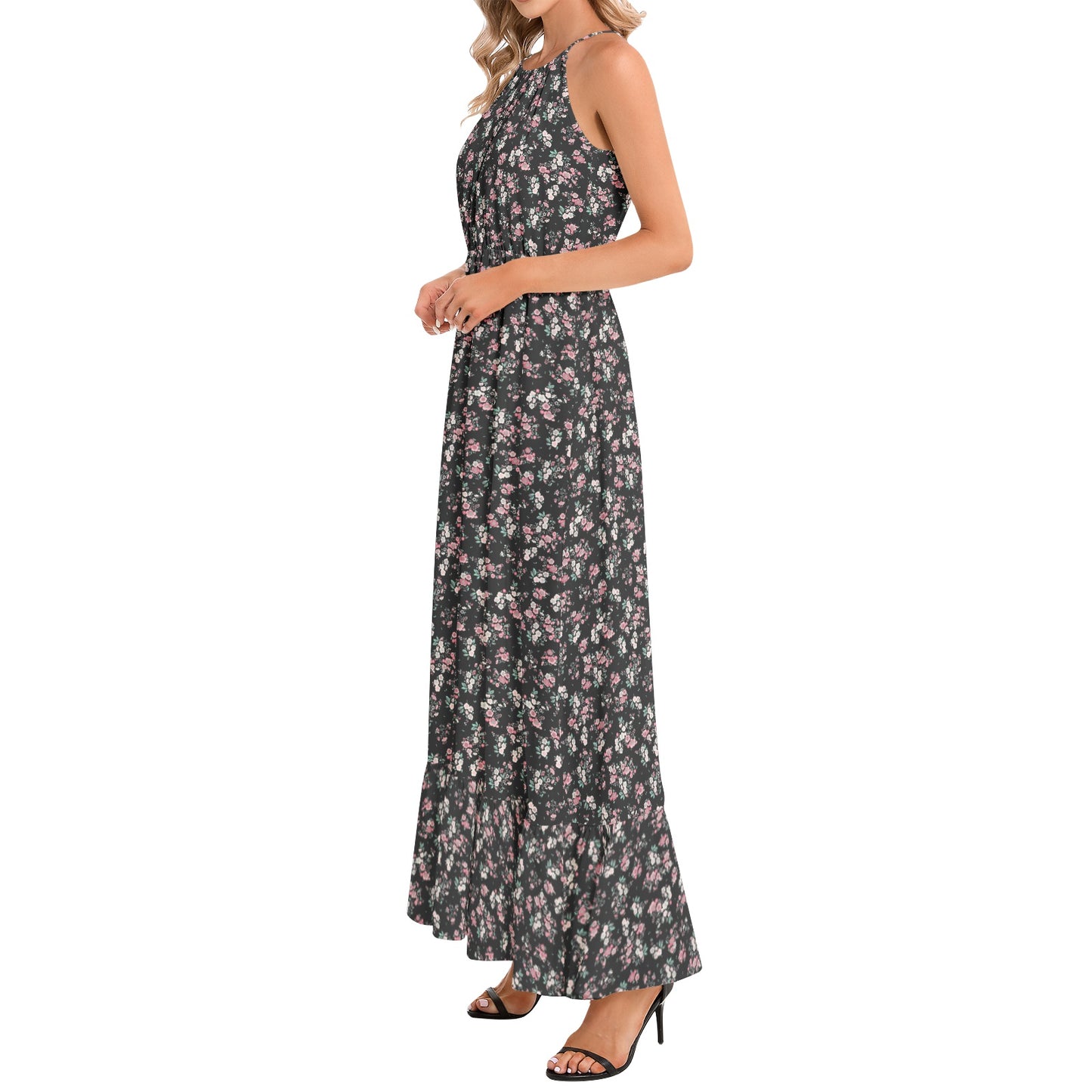 Ruffle Hem Halter Neck Maxi Dress