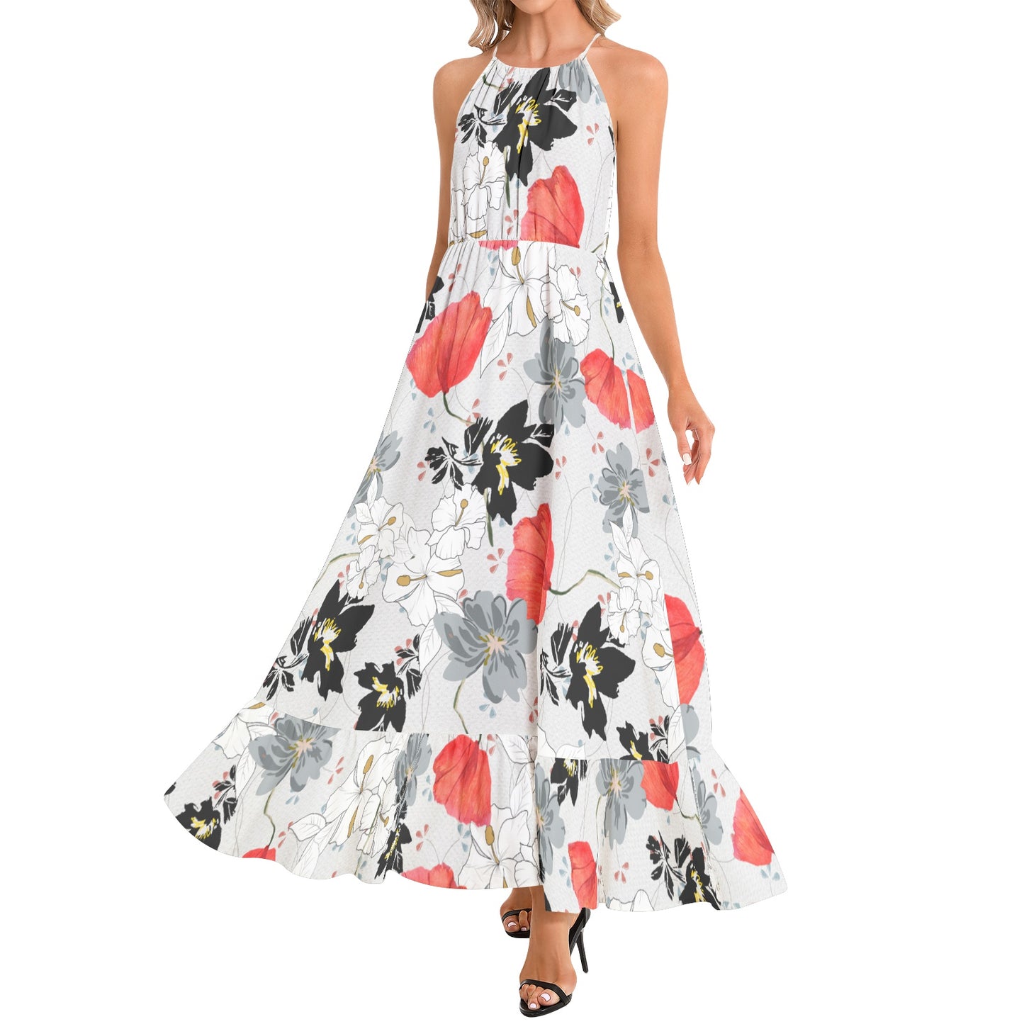 Ruffle Hem Halter Neck Maxi Dress