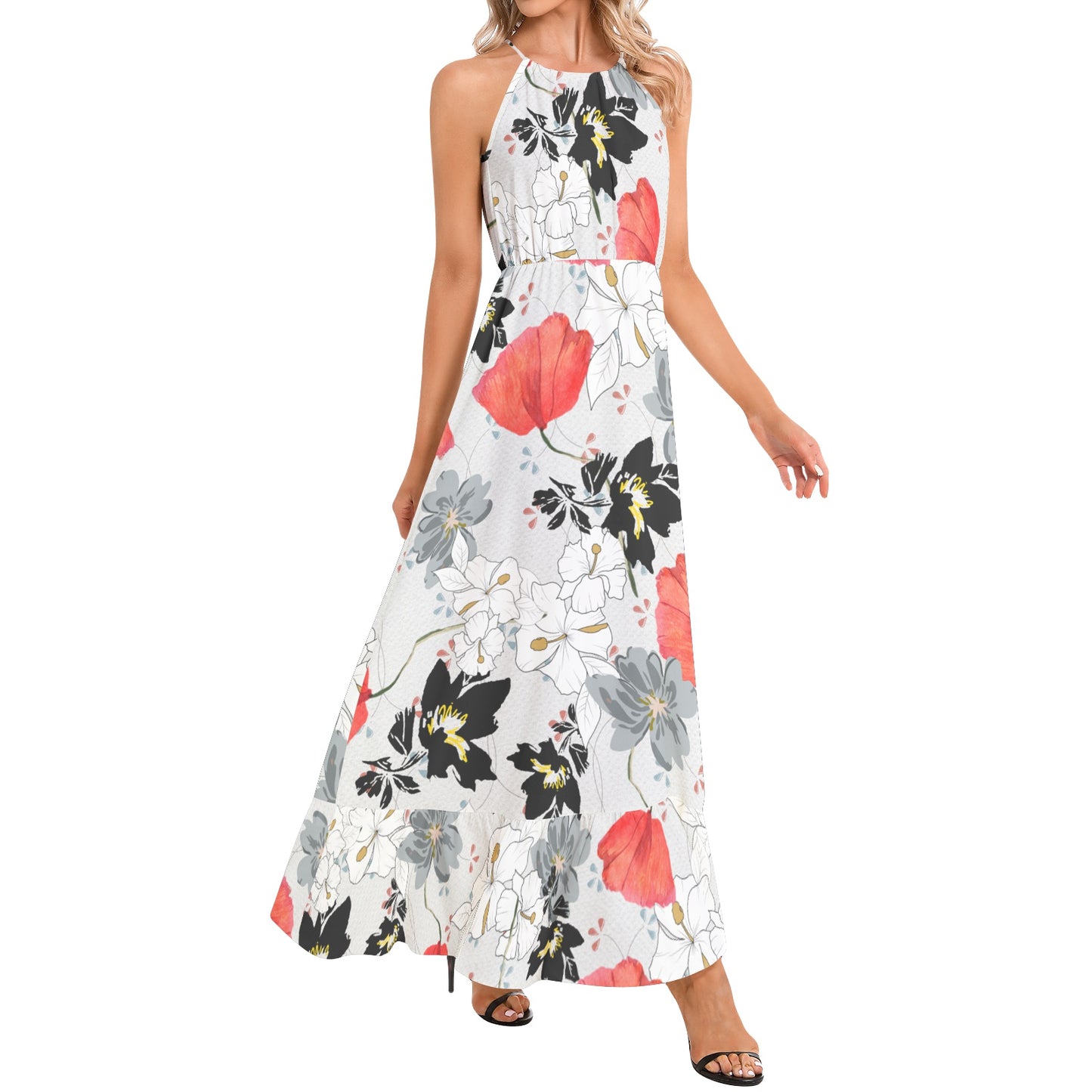 Ruffle Hem Halter Neck Maxi Dress