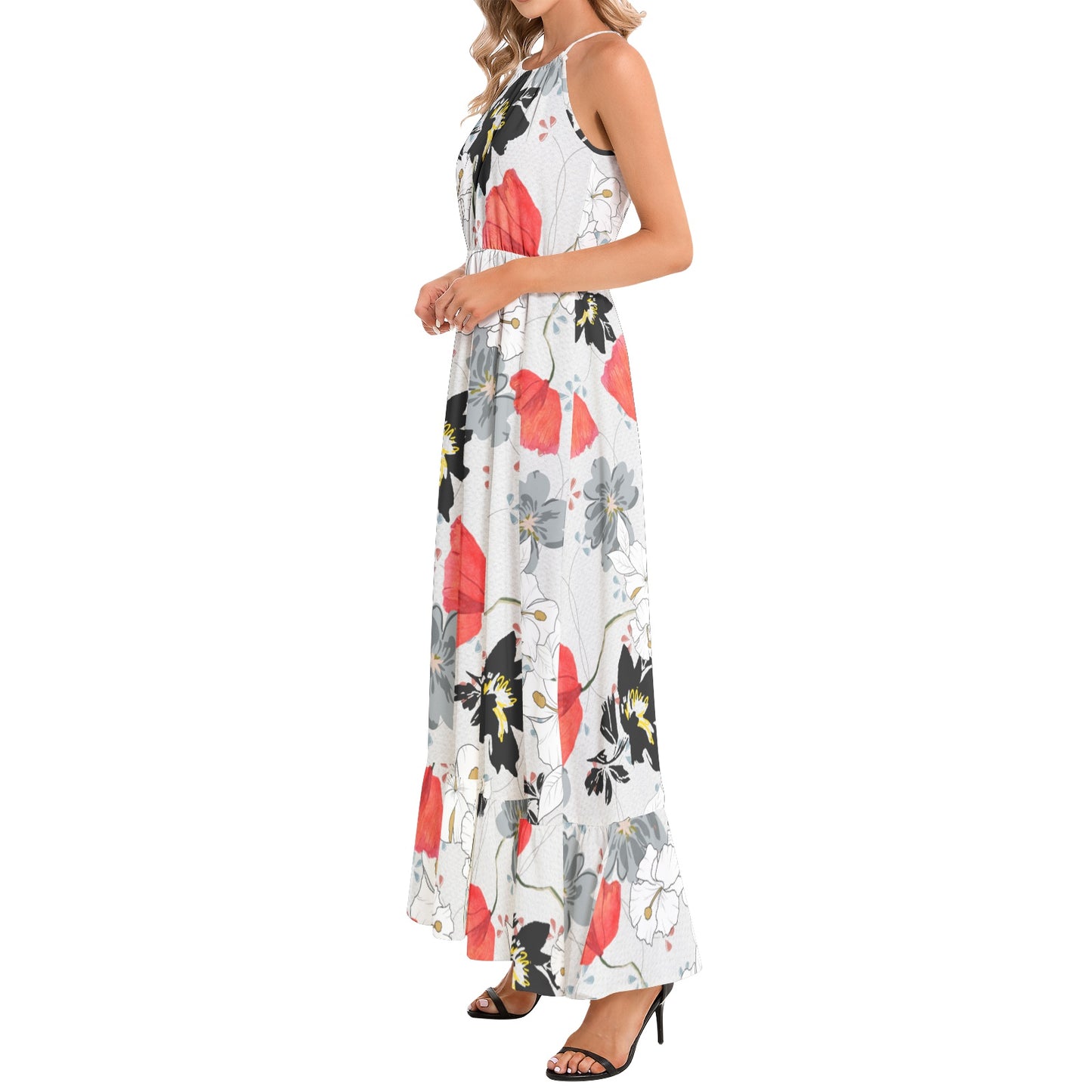 Ruffle Hem Halter Neck Maxi Dress